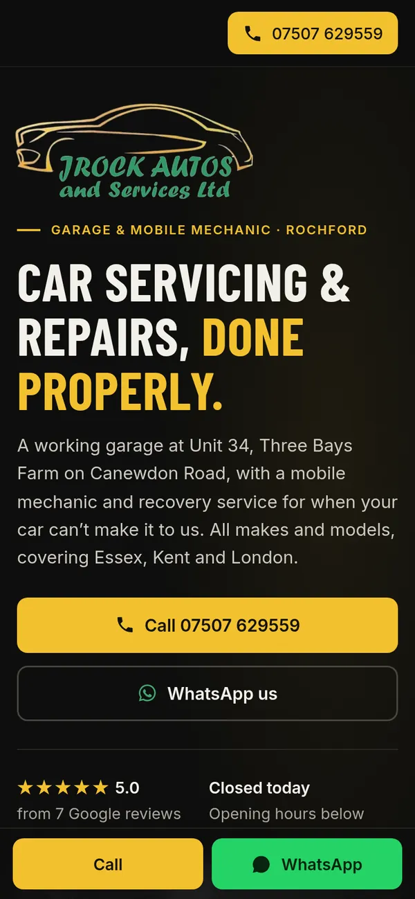 JRock Autos & Services homepage on a phone